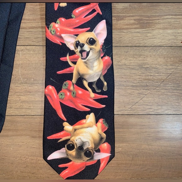 Vintage Ralph Marlin Mens Black Aye Chihuahua Peppers Daron Fayas Neck Tie Dog - Picture 3 of 7